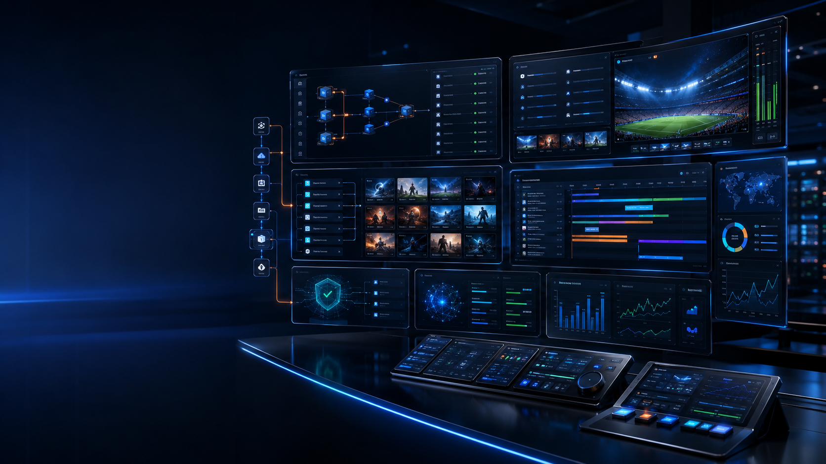 Futuristic media operations suite showing OTT platform workflows